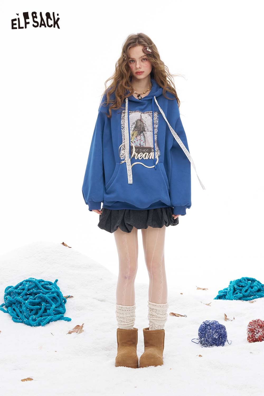 ELFSACK animal graphic lace hooded sweatshirt in blue with a stylish design and comfortable fit