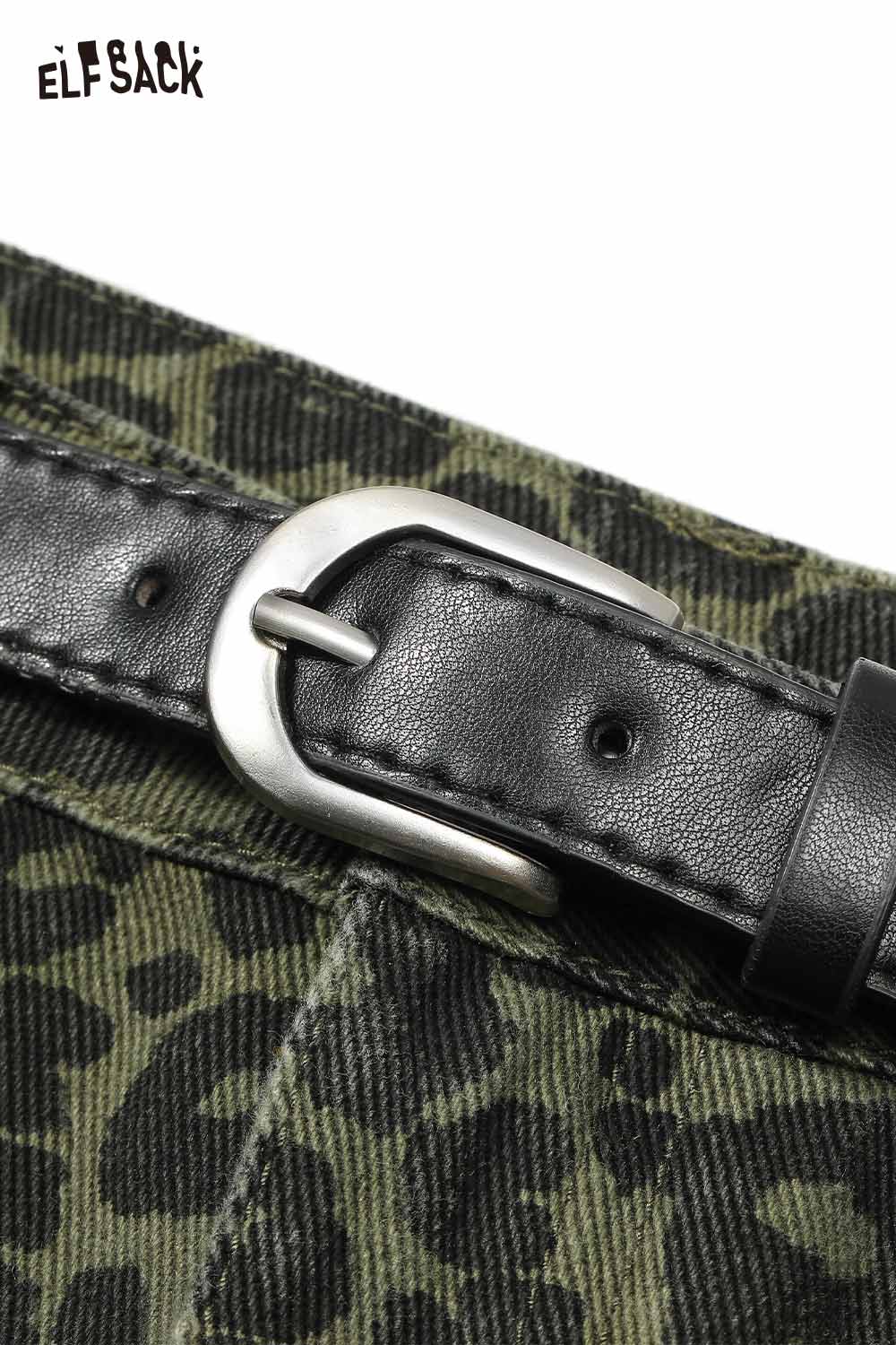 Close-up of ELFSACK animal print denim mini skirt featuring a chic belt and stylish detailing