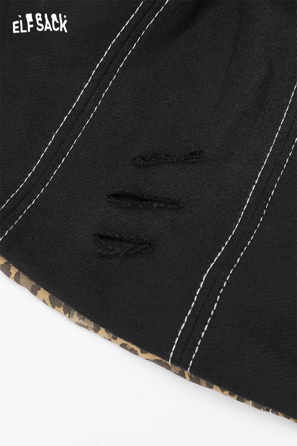 Black ELFSACK animal print slouchy beanie with distressed detailing for a trendy look