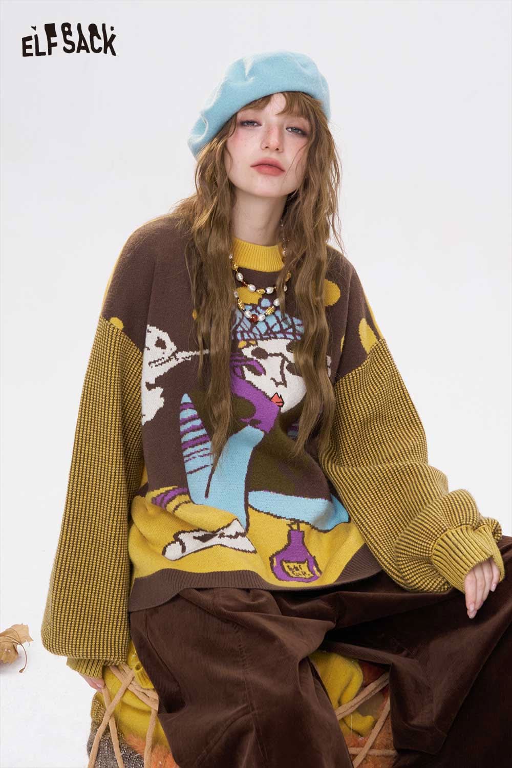 ELFSACK artistic graphic sweater for women in vibrant colors with a unique design and oversized fit