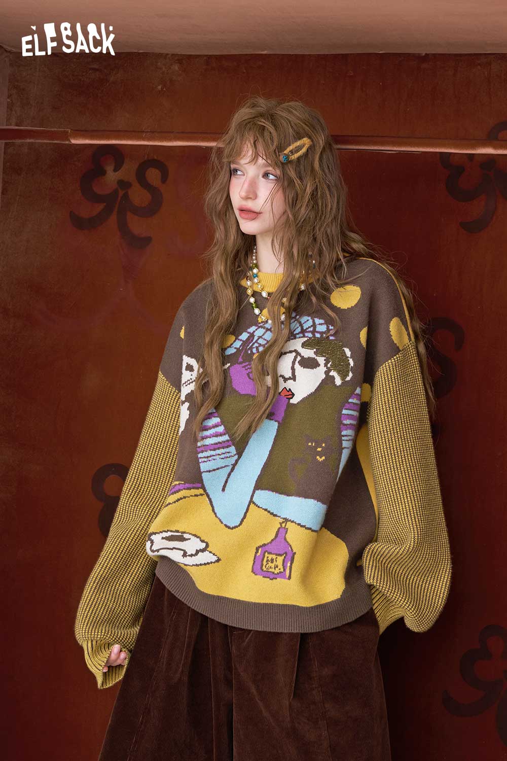 ELFSACK artistic graphic sweater for women featuring a colorful design and loose fit sleeves
