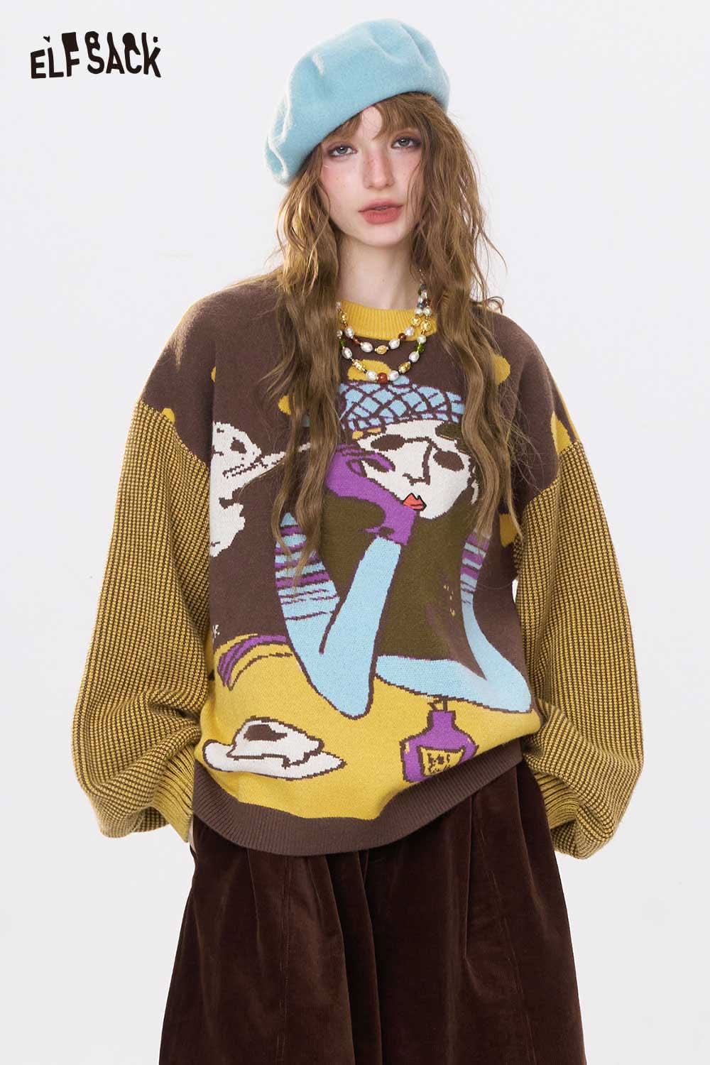 ELFSACK artistic graphic sweater for women featuring a vibrant design with oversized sleeves