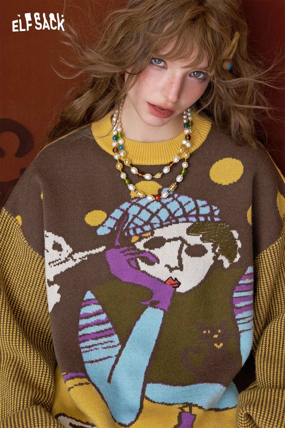 ELFSACK artistic graphic sweater for women featuring a colorful design and oversized fit
