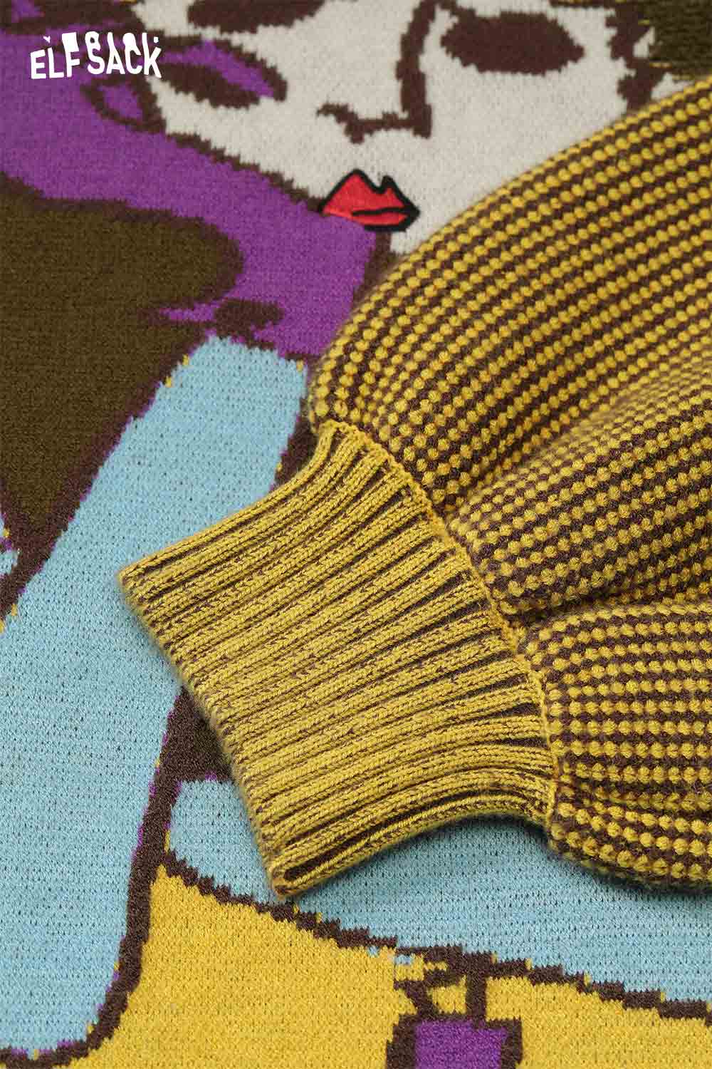 Close-up of ELFSACK artistic graphic sweater for women featuring vibrant colors and unique design
