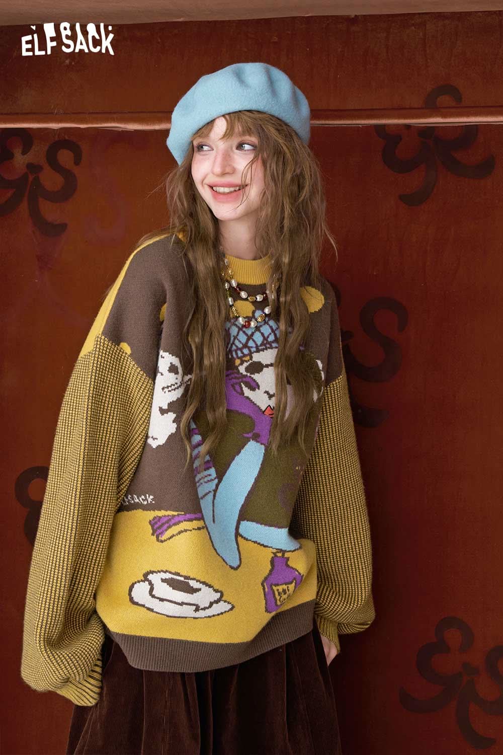 Unique ELFSACK artistic graphic sweater for women with colorful designs and oversized fit