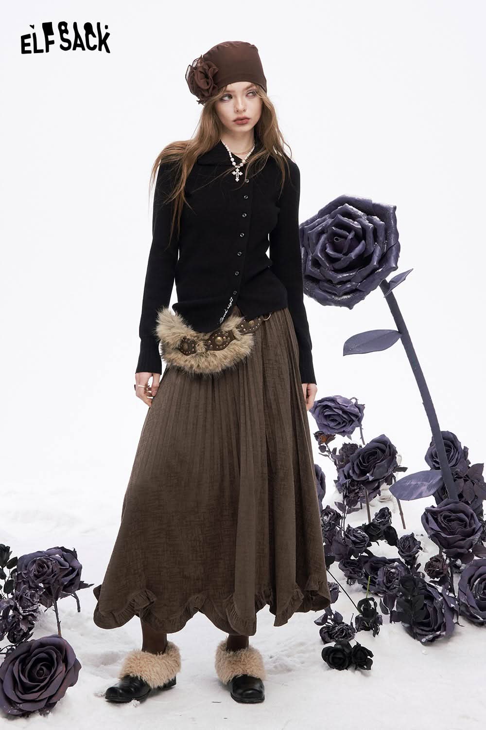 ELFSACK asymmetric flounce hem skirt in brown with a stylish top and accessories for a chic look