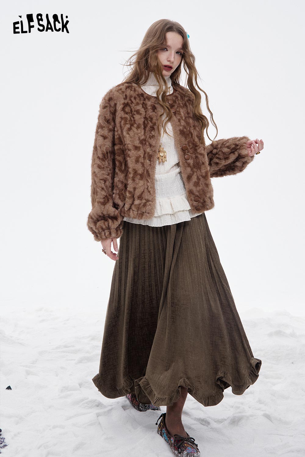 ELFSACK asymmetric flounce hem skirt in brown with a stylish faux fur jacket for a trendy look