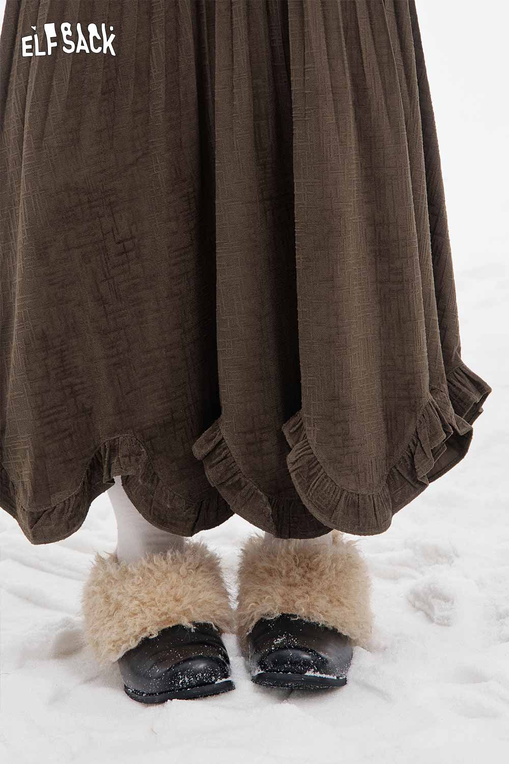 ELFSACK asymmetric flounce hem skirt in brown, featuring a stylish ruffled hem design