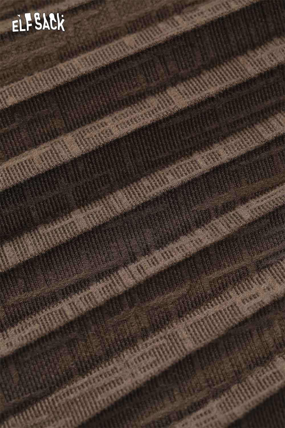 ELFSACK asymmetric flounce hem skirt featuring a textured striped pattern in earthy tones