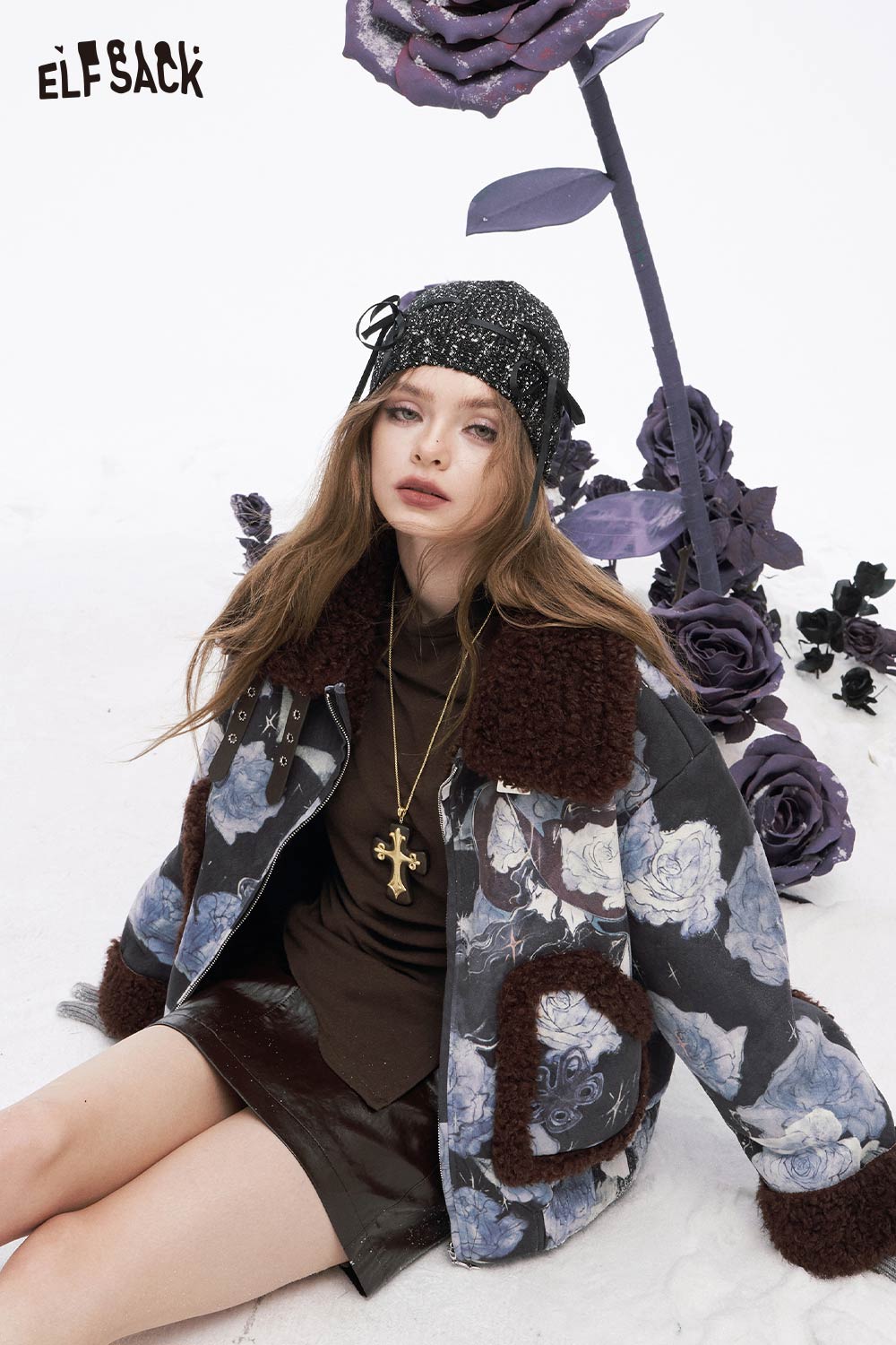 ELFSACK floral jacket with brown collar paired with an asymmetric hem long sleeve tshirt