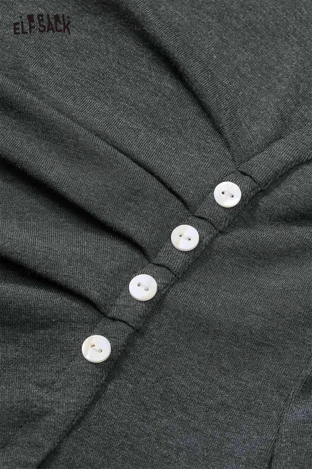ELFSACK asymmetric hem long sleeve tshirt featuring stylish button detail in dark grey.