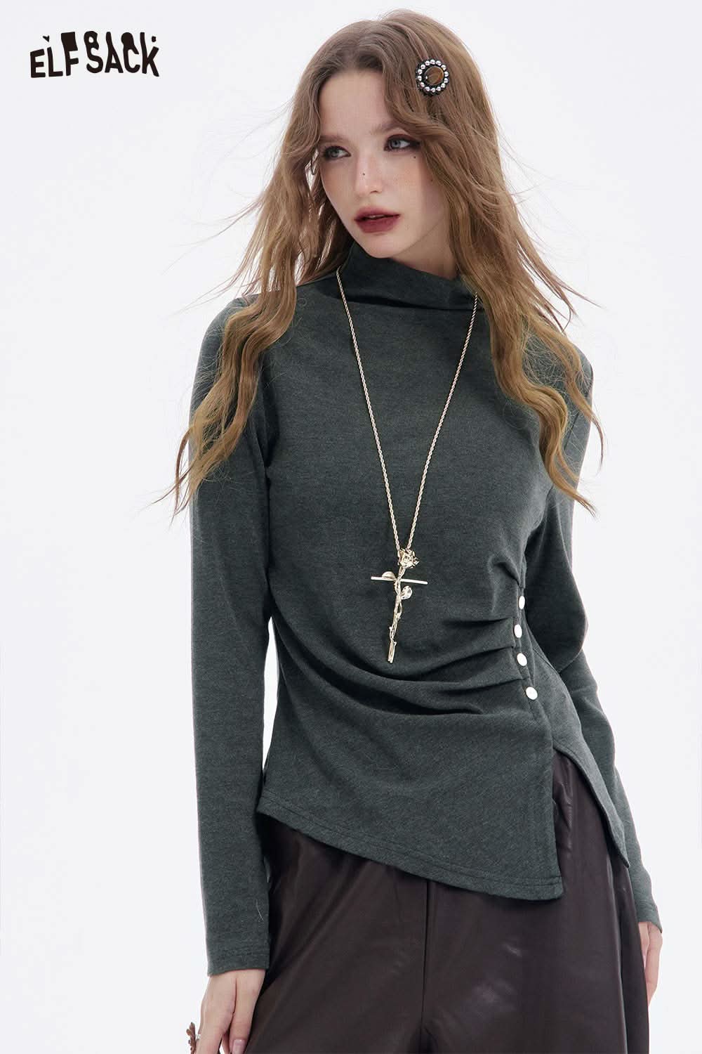 ELFSACK asymmetric hem long sleeve tshirt in green with unique button detailing and stylish design
