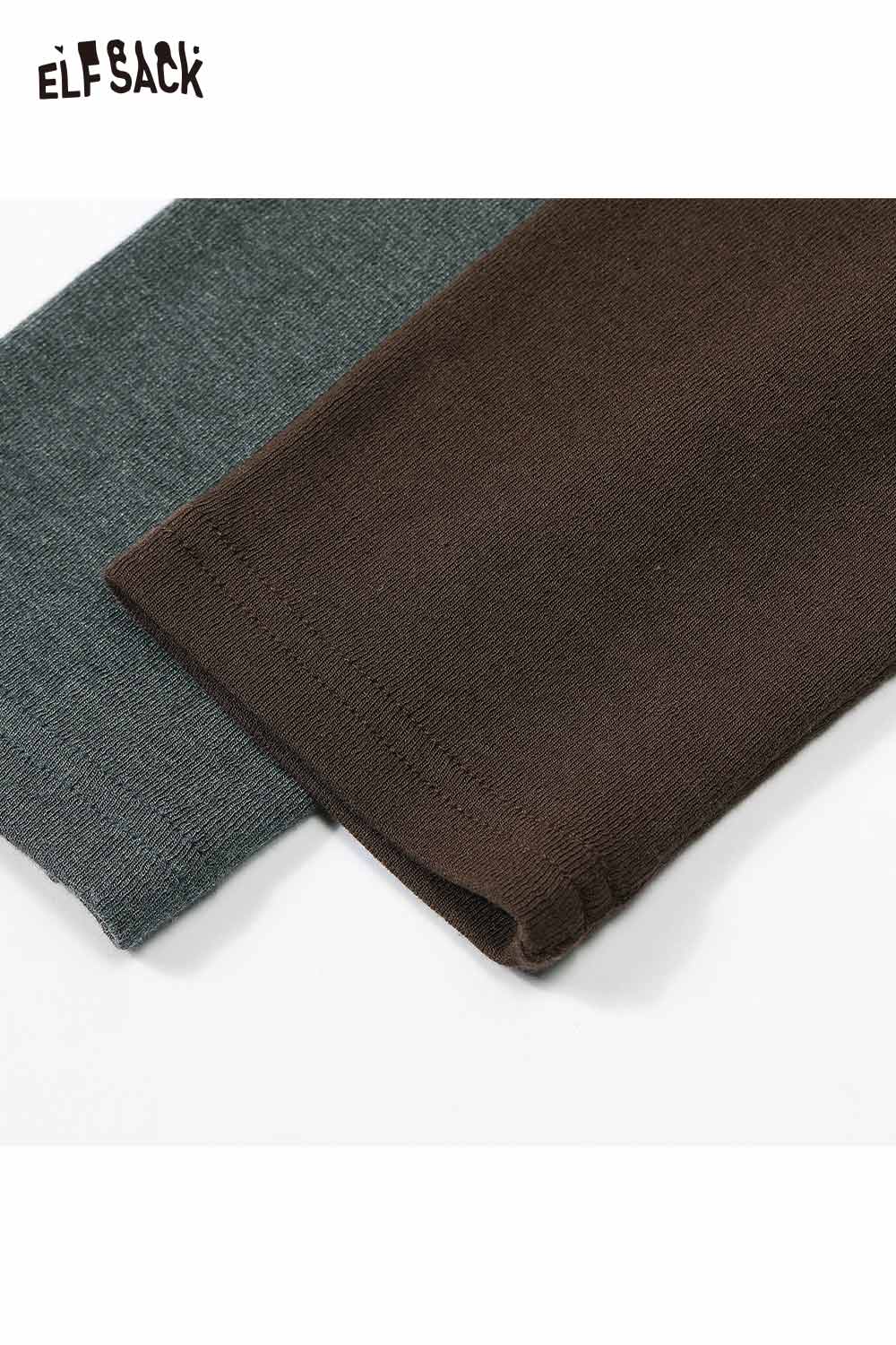 ELFSACK asymmetric hem long sleeve tshirt featuring soft fabric and stylish sleeves in green and brown
