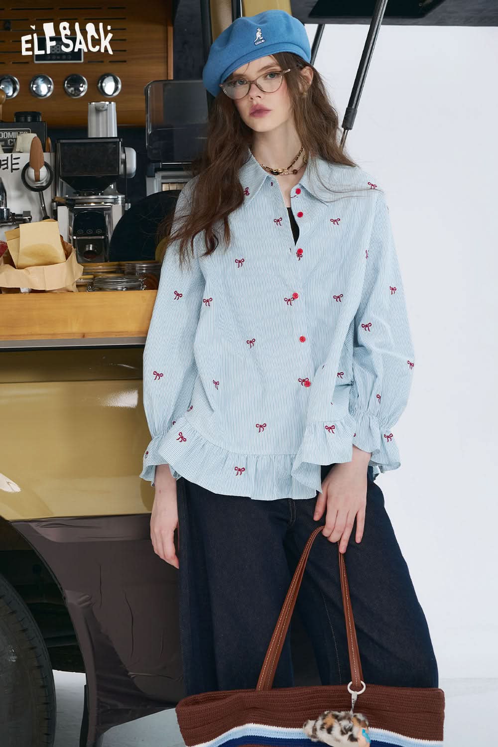 ELFSACK bow embroidered striped shirt for women light blue button up with red bow motifs and ruffle hem