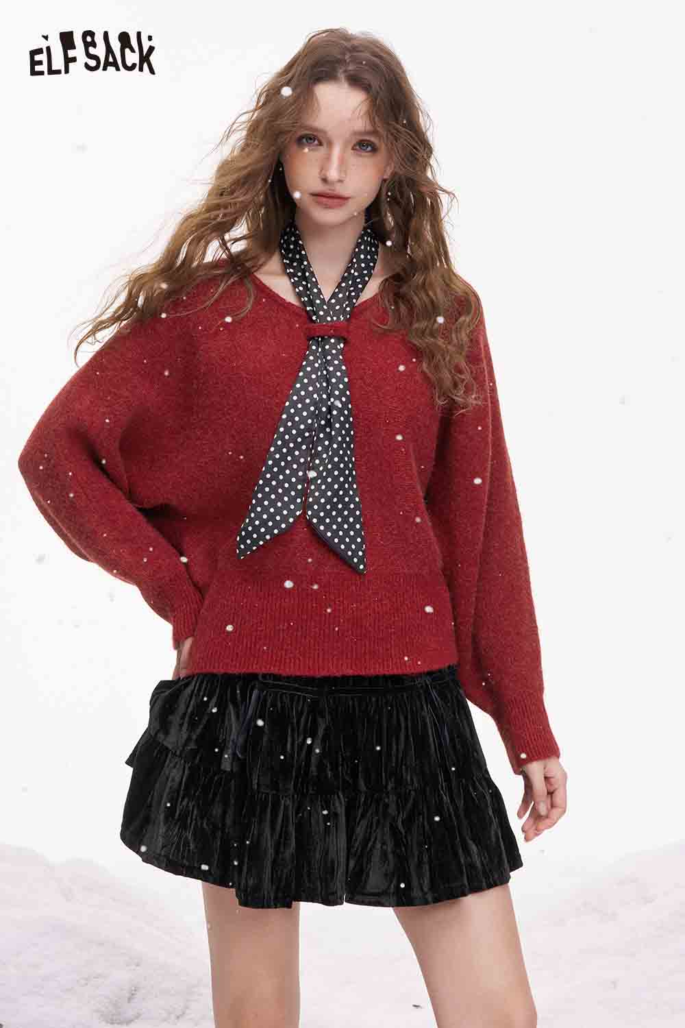 ELFSACK bat sleeve polka dot sweater in red, featuring a cozy design and a stylish neck scarf