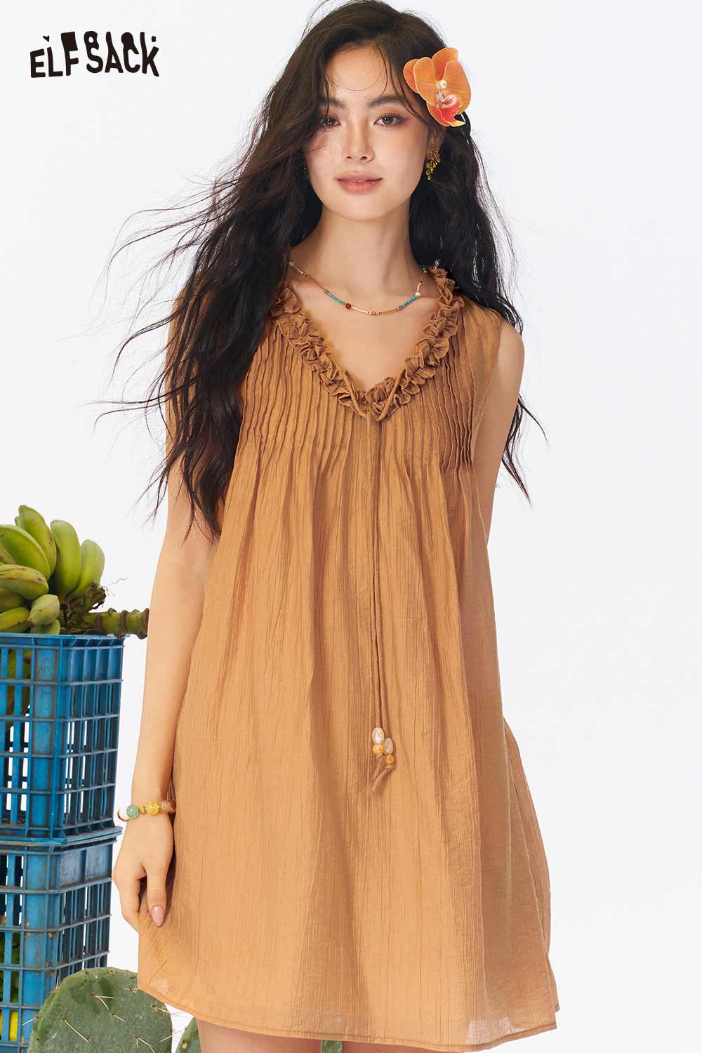 beaded ruffle midi dress Lace Neck Olive Green Midi Dress complemented by pretty flutter Camisole Color:Brown check