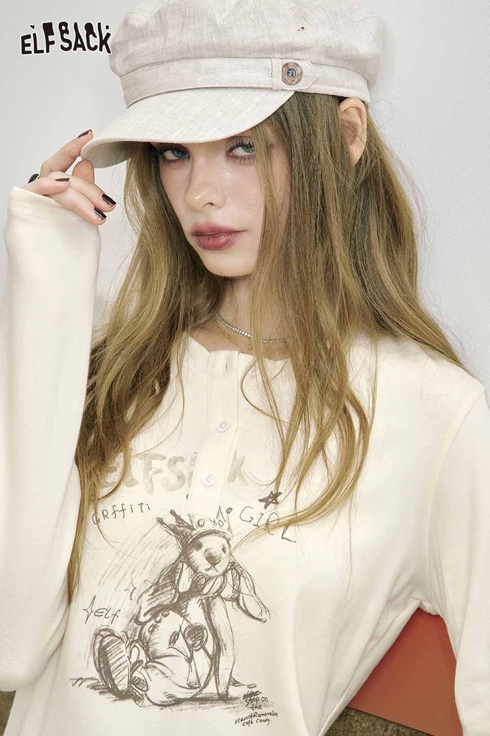 ELFSACK bear graphic relaxed fit tee in cream color with an illustration and stylish hat