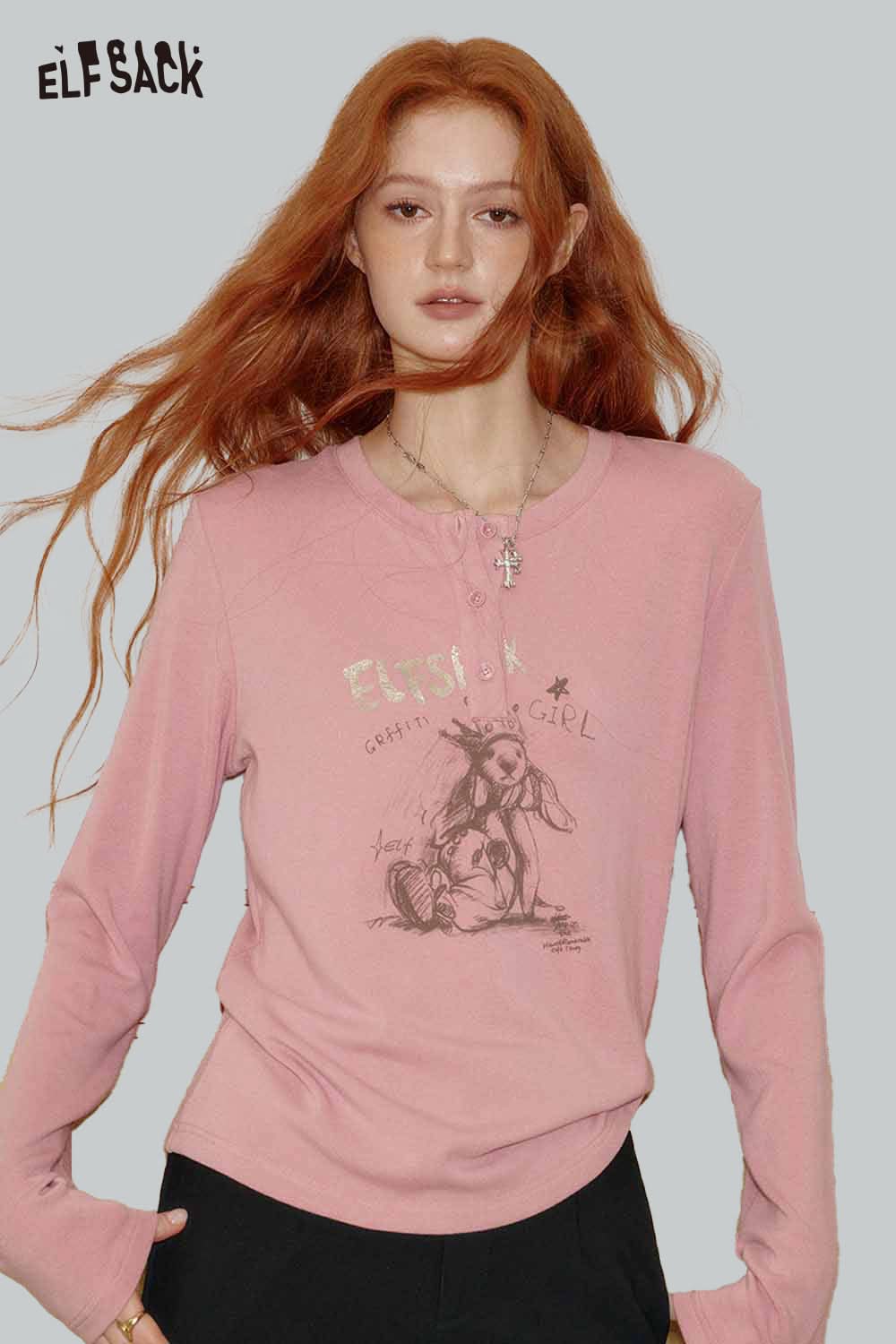ELFSACK bear graphic relaxed fit tee in pink with unique cartoon design for casual wear
