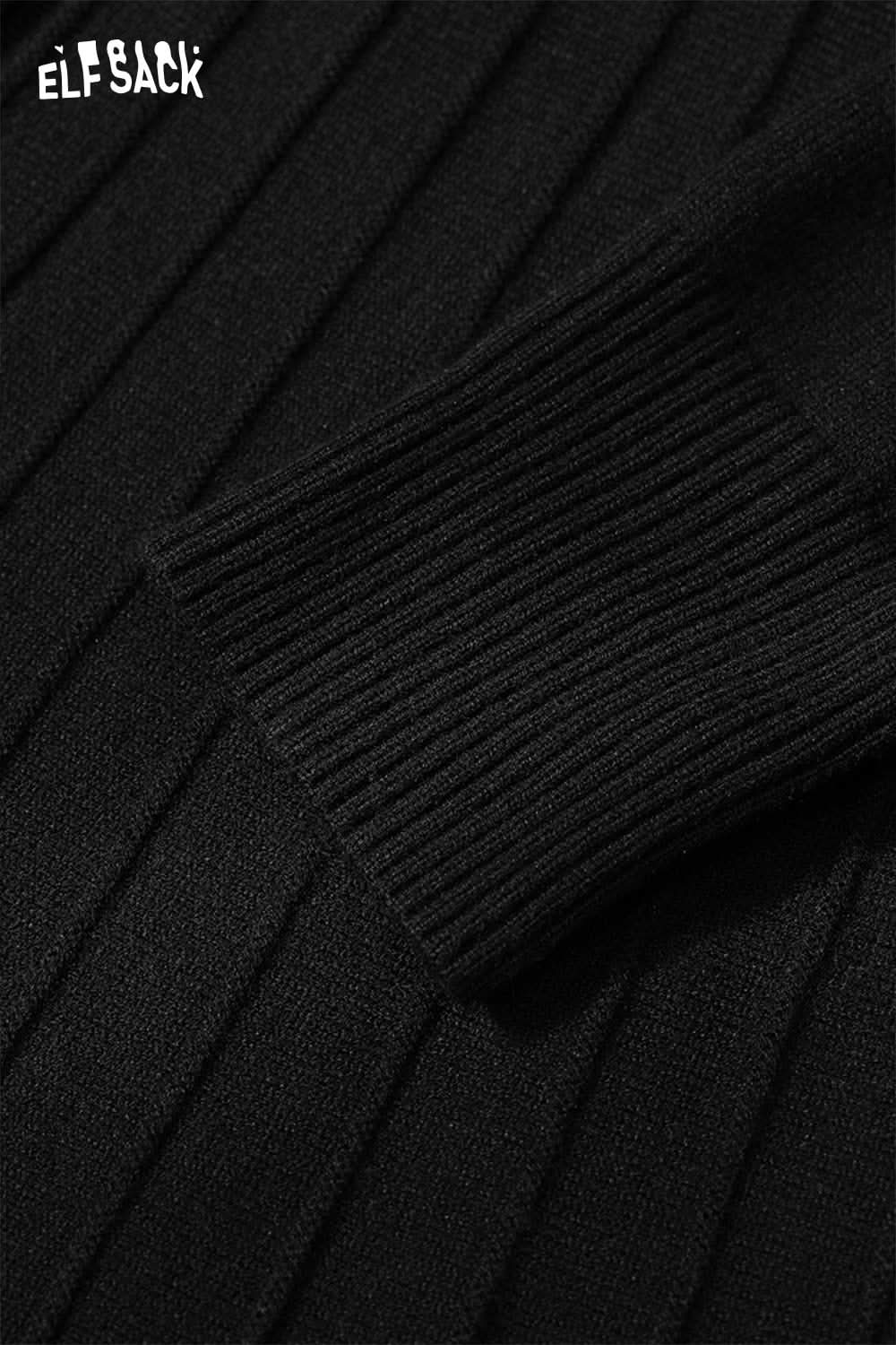Close-up of the texture of the black knit sheath dress by ELFSACK showcasing the ribbed fabric