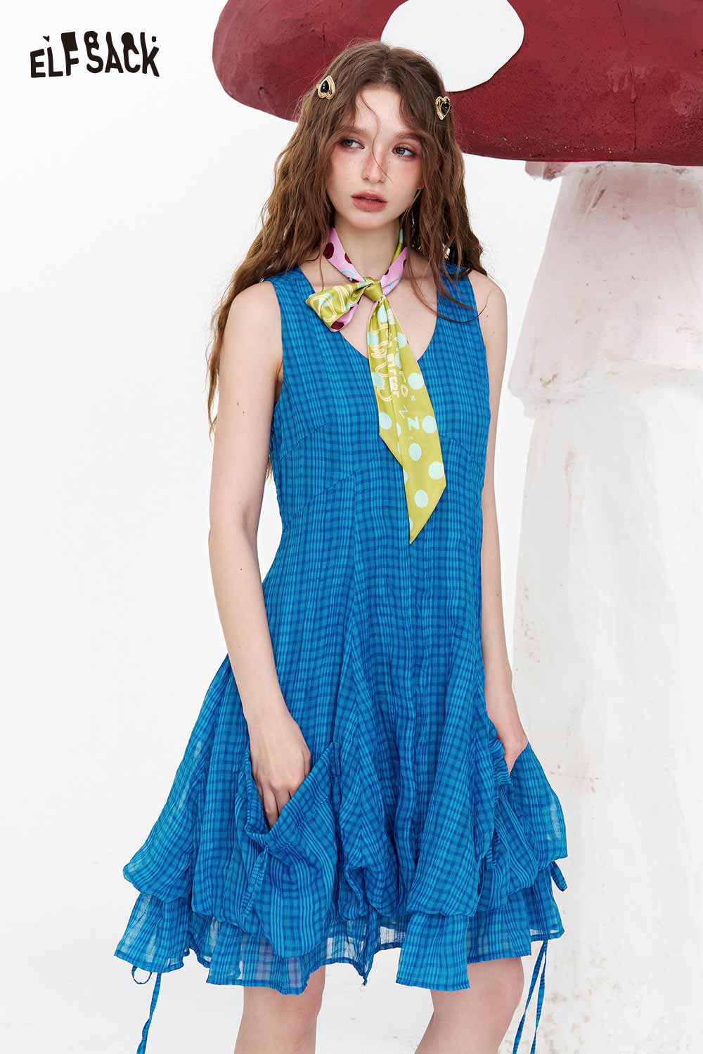 Blue Plaid Drawstring Hem Midi Dress Blue / S