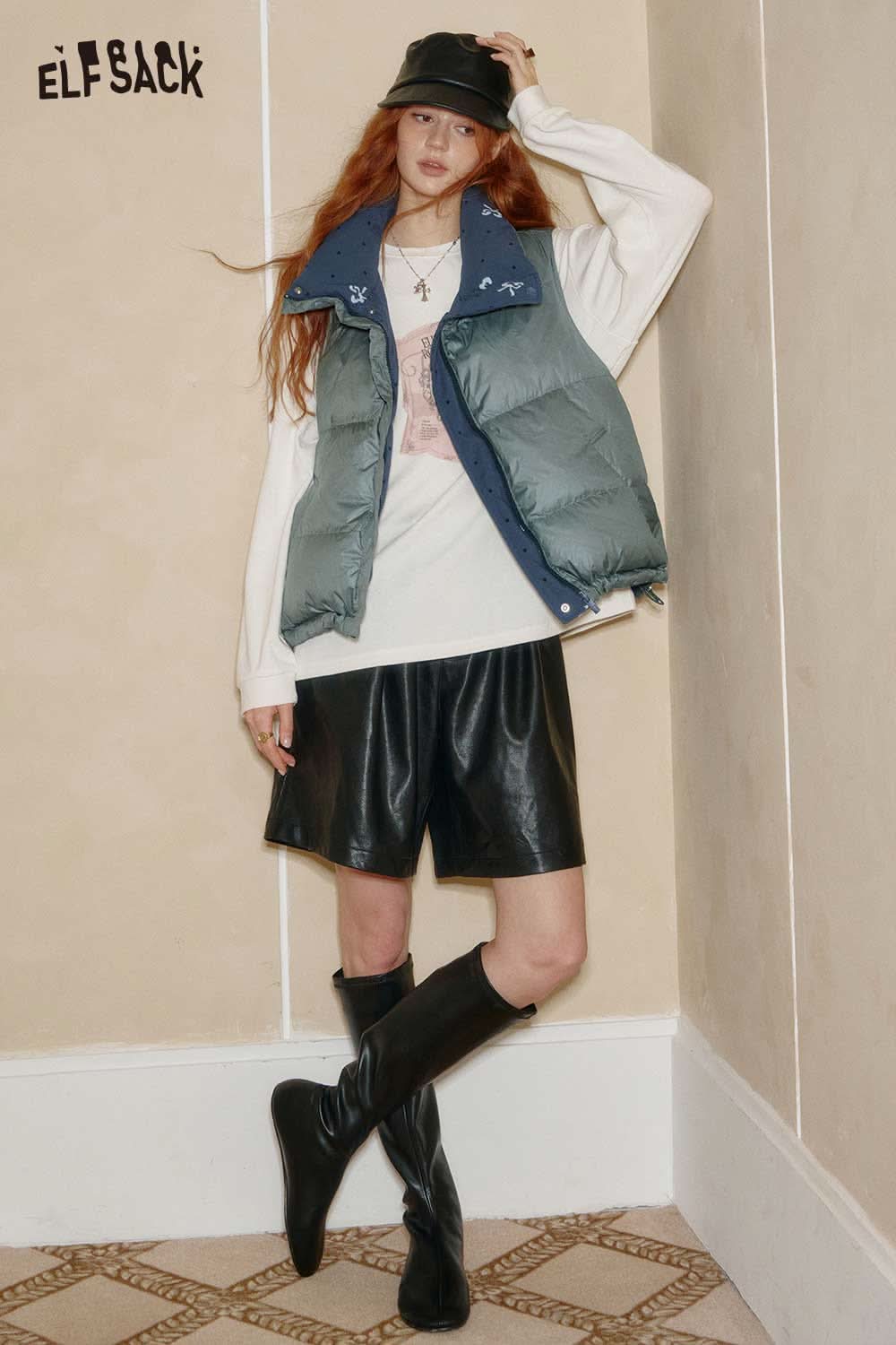 ELFSACK bohemian floral reversible vest in green, perfect for stylish layering in cool weather