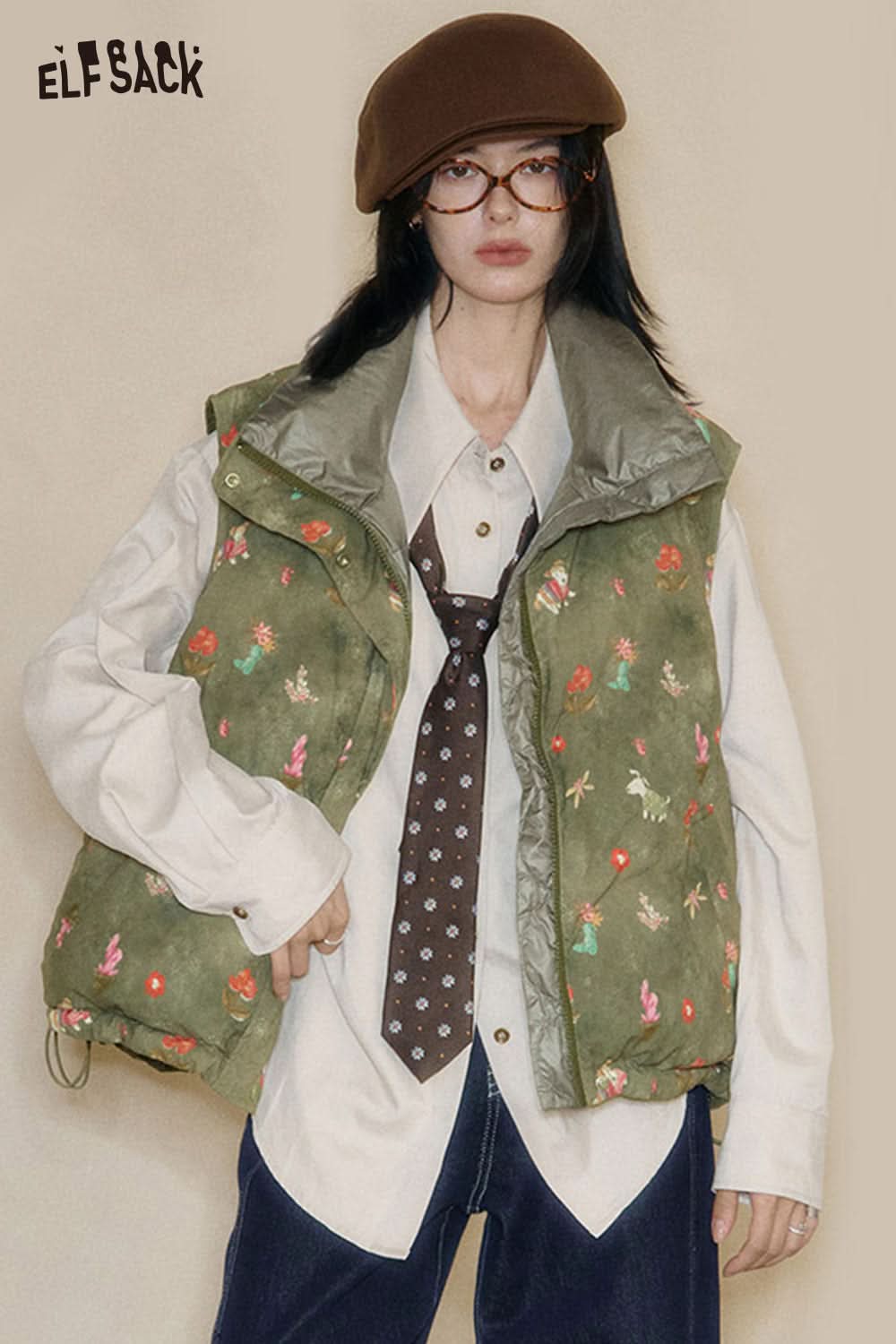 ELFSACK Bohemian Floral Reversible Vest in Olive Green with Colorful Embroidery and Adjustable Closure