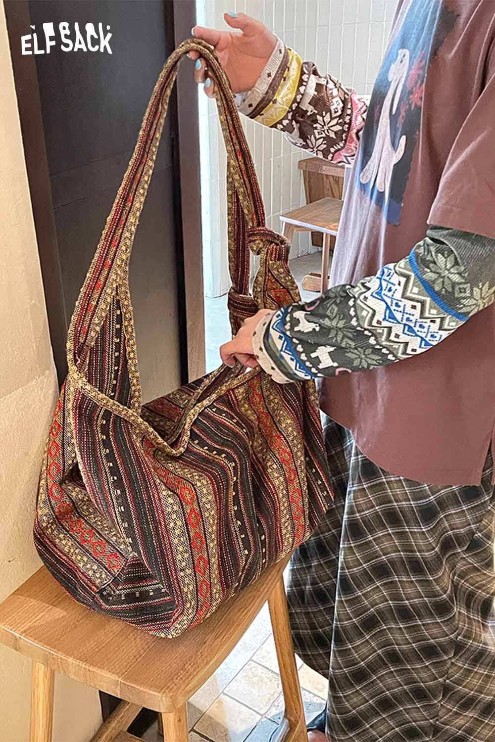 ELFSACK bohemian macrame tote bag with colorful patterns, perfect for stylish outings