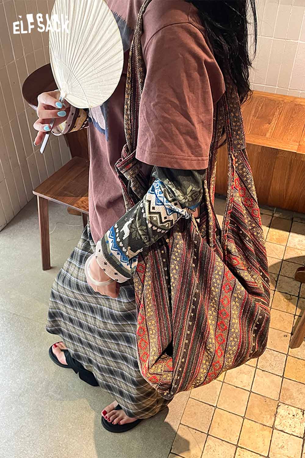 ELFSACK Bohemian Macrame Tote Bag with colorful patterns and spacious design for everyday use