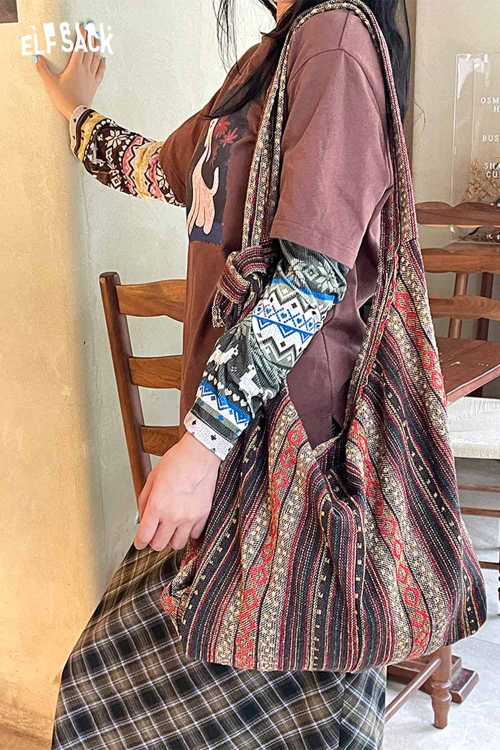 ELFSACK bohemian macrame tote bag with unique patterns, perfect for casual outings and daily use