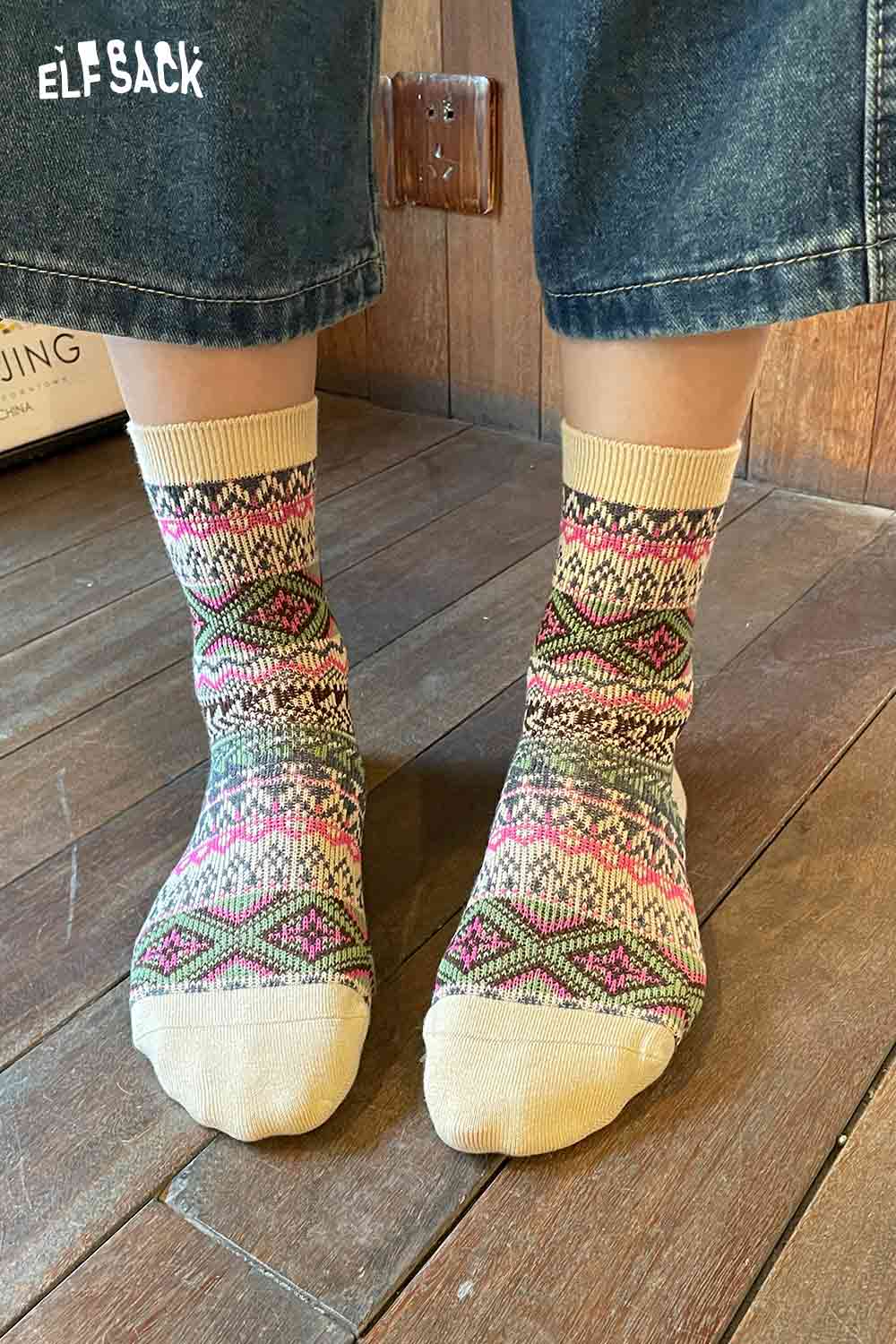 ELFSACK bohemian stripe socks for women featuring colorful geometric patterns and a soft construction