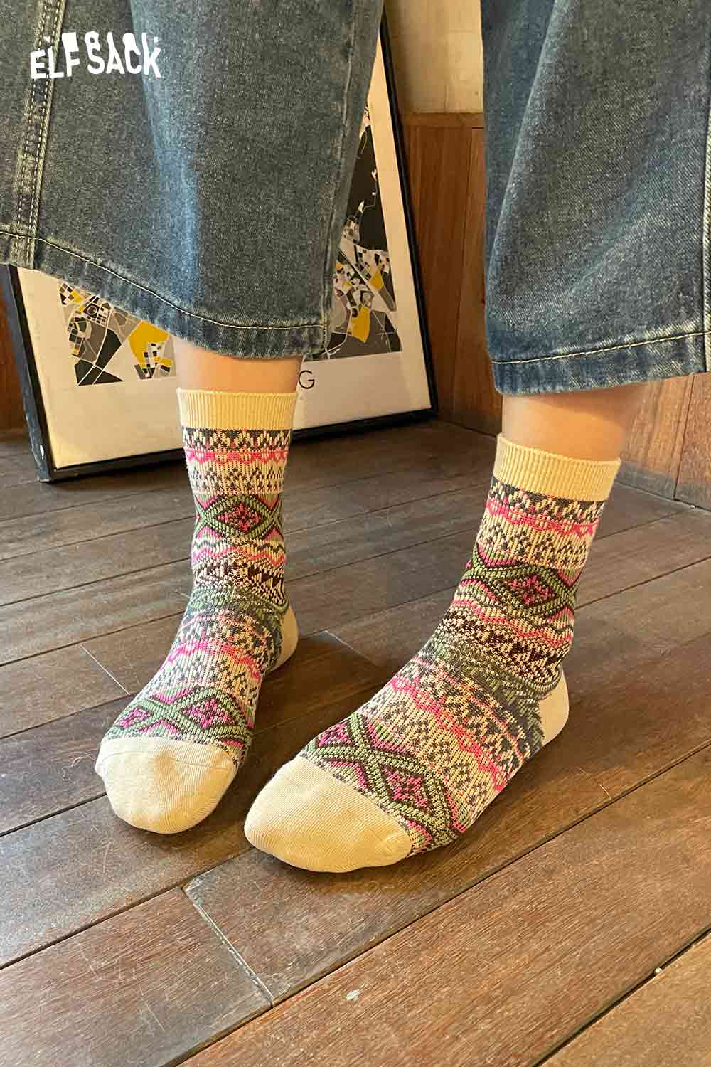 ELFSACK bohemian stripe socks for women featuring colorful patterns and comfortable fit
