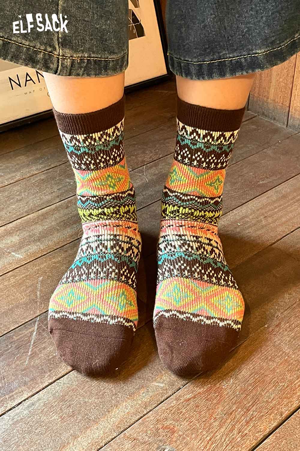 Colorful ELFSACK bohemian stripe socks for women featuring a vibrant pattern and cozy design