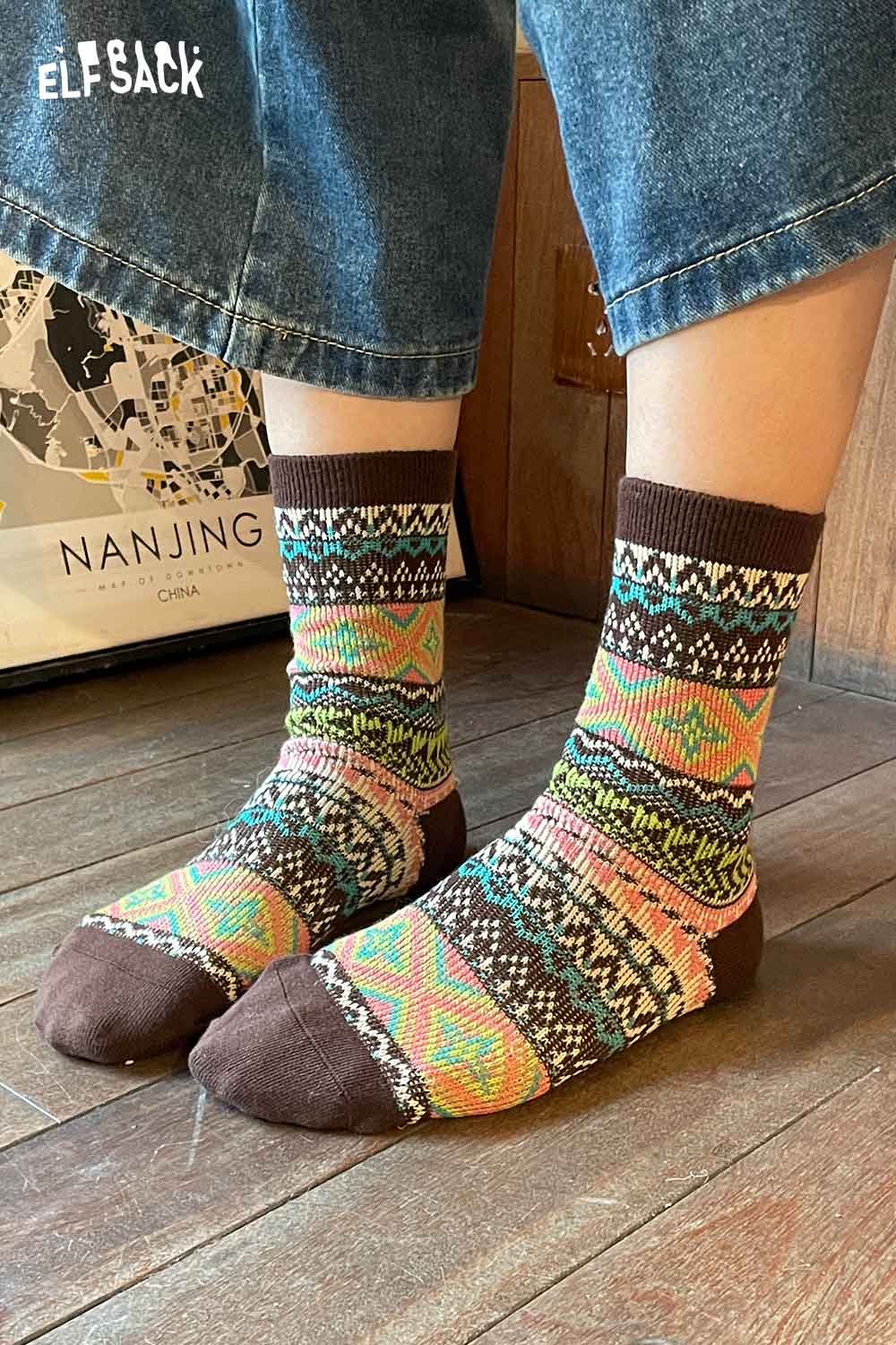 Colorful ELFSACK bohemian stripe socks for women featuring vibrant patterns and comfortable fit