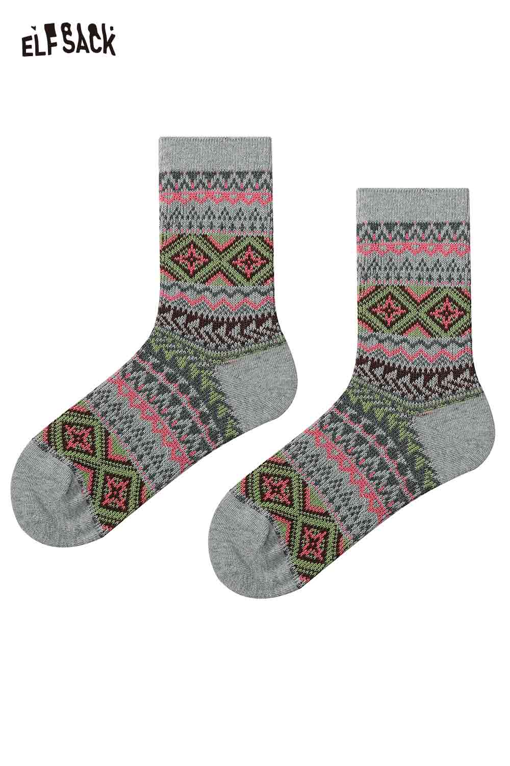 ELFSACK Bohemian Stripe Socks for Women with Colorful Geometric Patterns on Gray Base