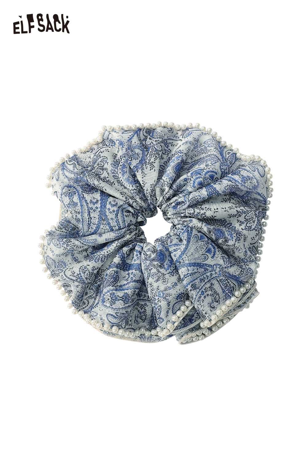 ELFSACK blue paisley scrunchie with delicate pearl trim boho floral pearl hair band for casual styling