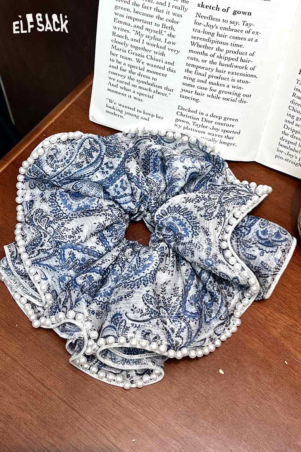 ELFSACK boho floral pearl hair band blue paisley scrunchie with white pearl trim for feminine hairstyles