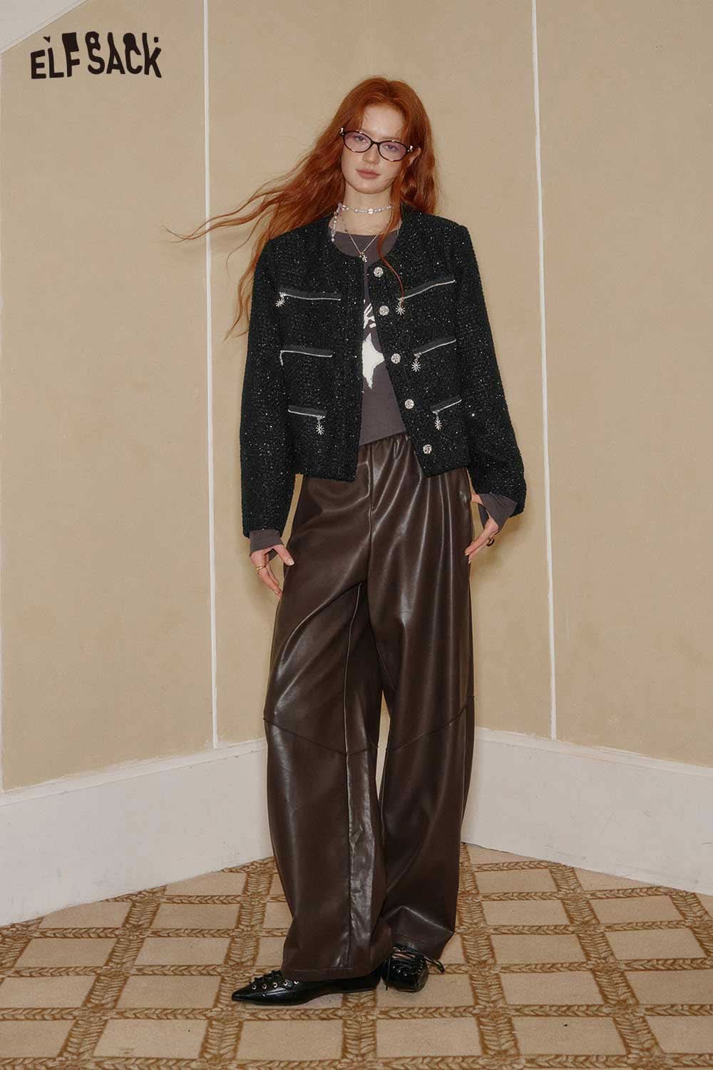 ELFSACK boucle wool short blazer for women, stylishly paired with brown leather pants for a modern look