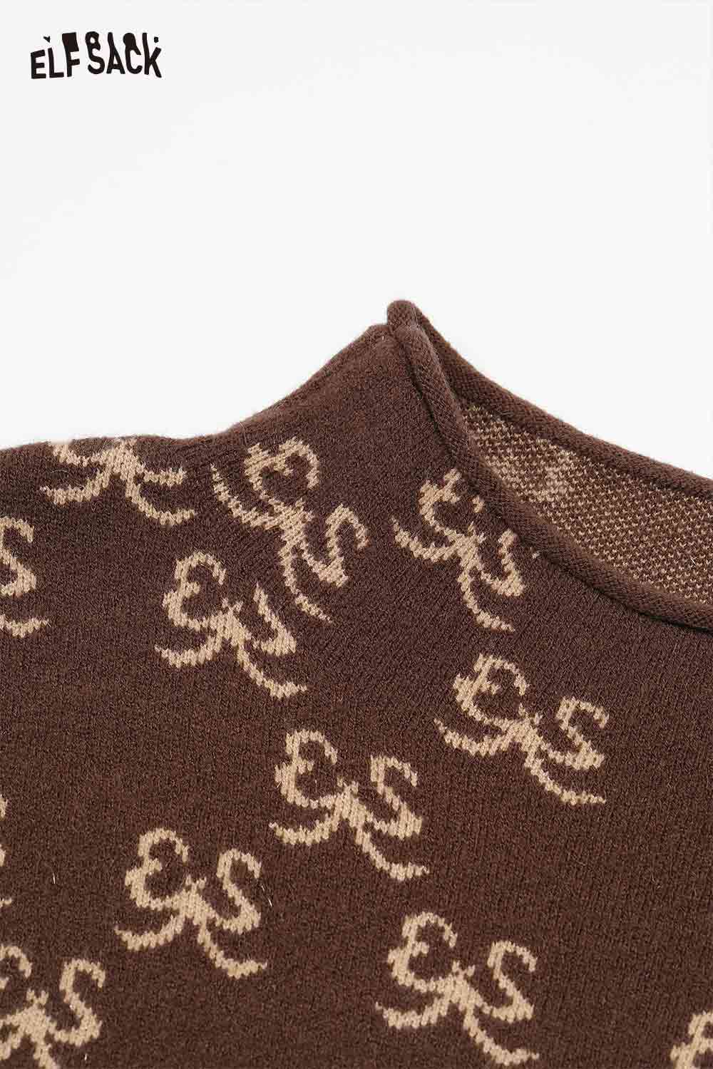 ELFSACK bow print half neck knitwear in brown featuring a stylish design with a cozy feel