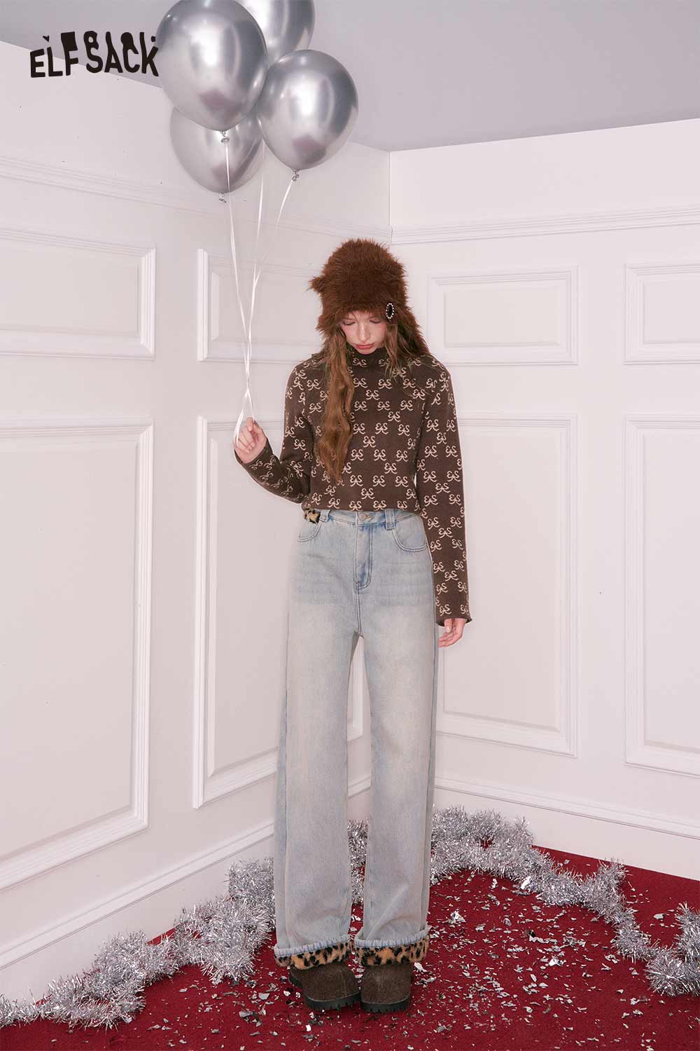 ELFSACK bow print half neck knitwear in brown with stylish design, perfect for casual outfits