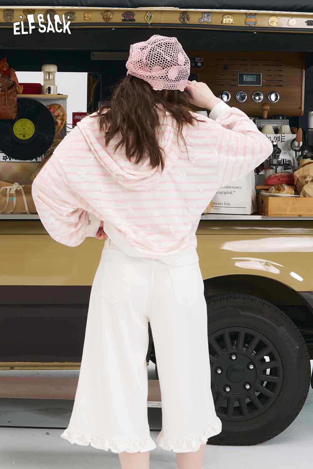 ELFSACK oversized striped cardigan for women hooded light pink and white stripes back view with loose sleeves