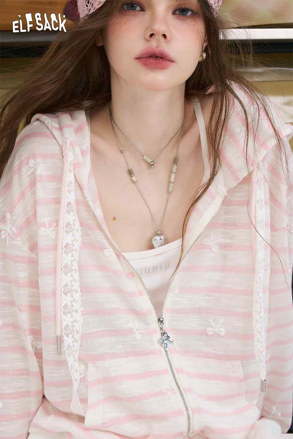 ELFSACK oversized striped cardigan for women pink and white zip hoodie knit with lace trim and bow details