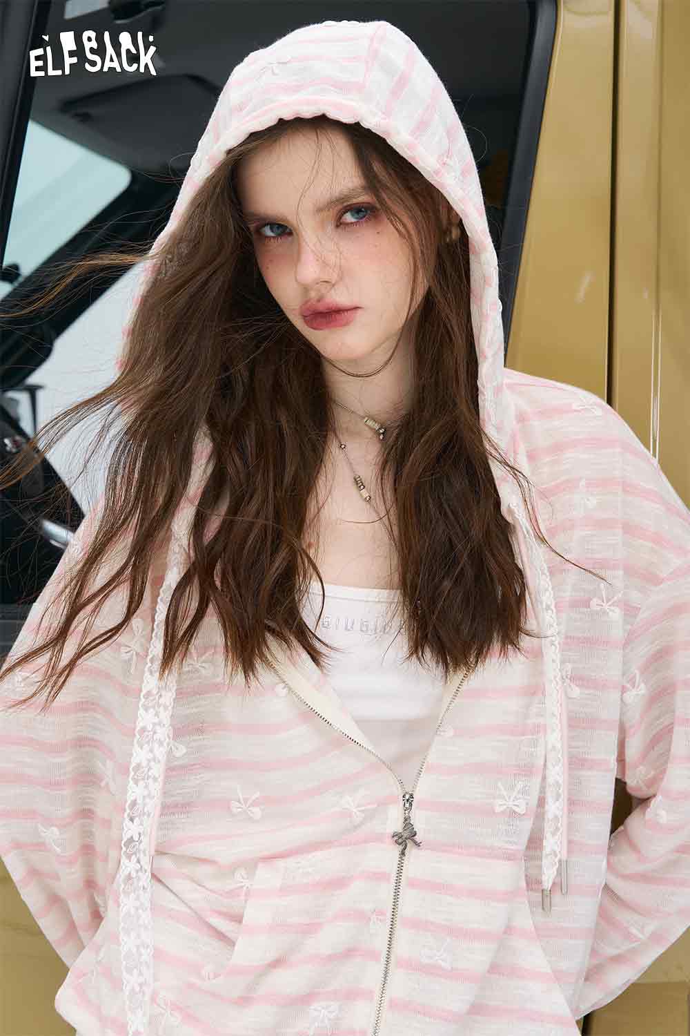 ELFSACK oversized striped cardigan for women in pink and white hooded knit zip front on model