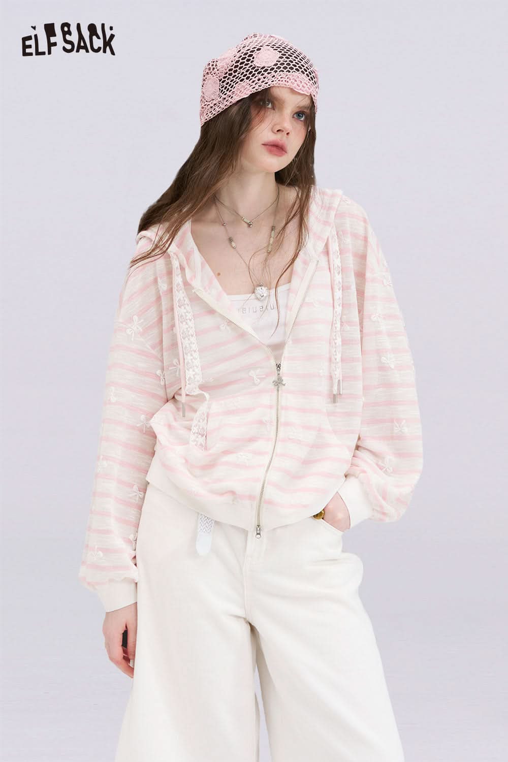 ELFSACK oversized striped cardigan for women in pastel pink white knit zip hoodie with relaxed fit