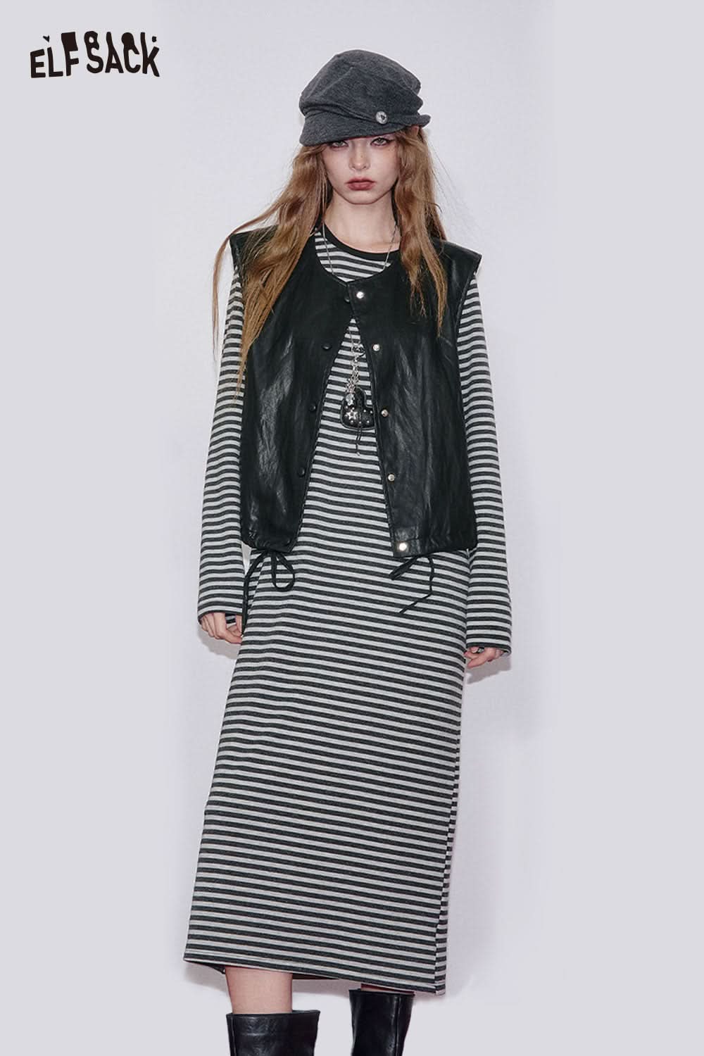 ELFSACK breathable cotton blend striped dress set with a chic layered vest for a stylish look