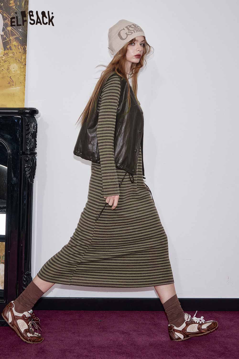 ELFSACK breathable cotton blend striped dress set styled with a brown vest and sneakers for a trendy look