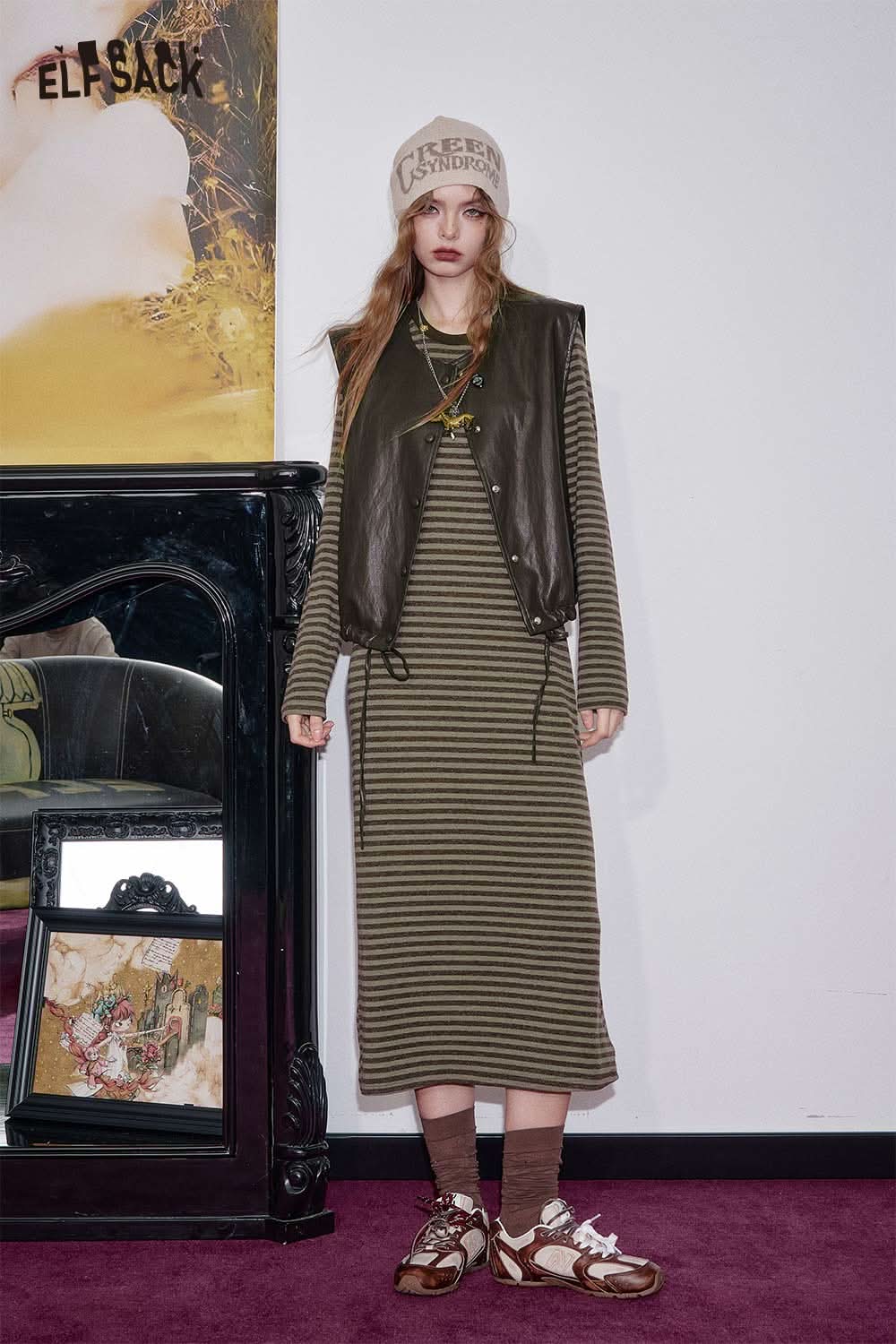 ELFSACK breathable cotton blend striped dress set with a stylish vest and trendy sneakers