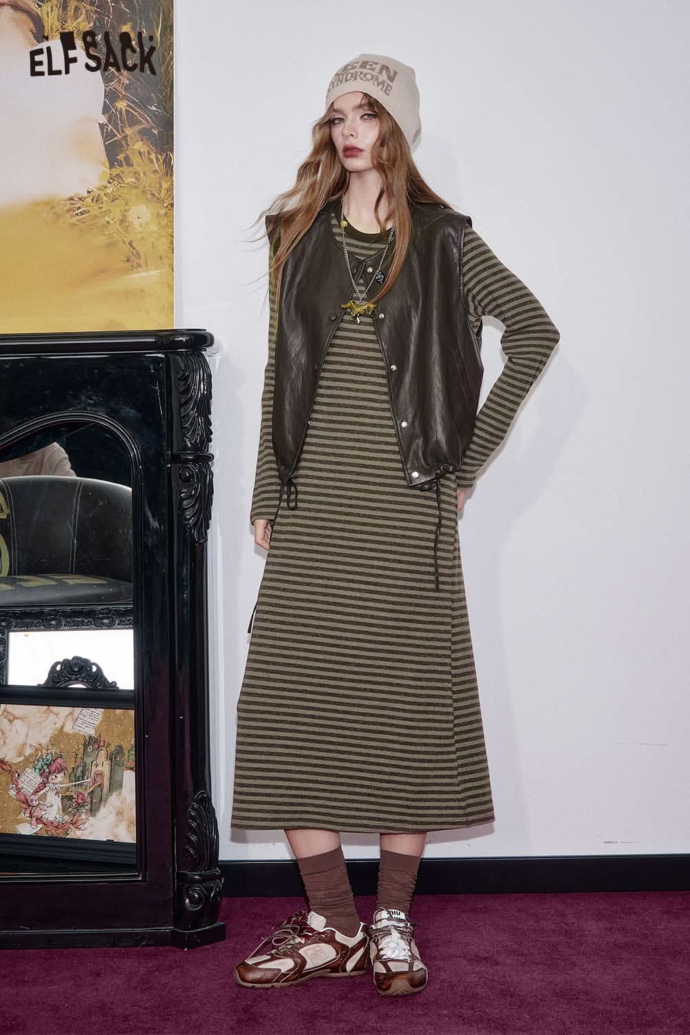 ELFSACK breathable cotton blend striped dress set styled with a leather vest for a trendy look