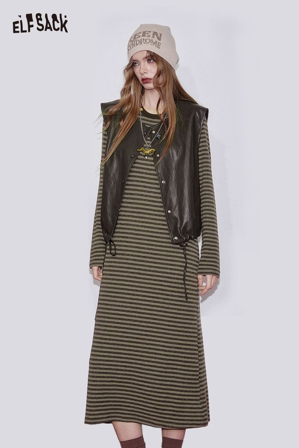 ELFSACK breathable cotton blend striped dress set styled with a leather vest and beanie for a trendy look