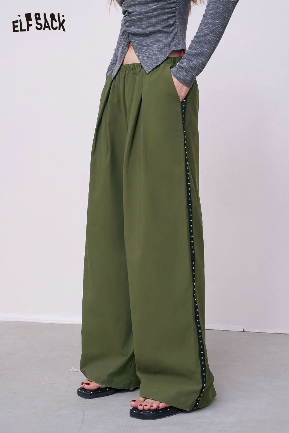 ELFSACK olive green breathable straight leg pants for women with studded side stripe and pockets
