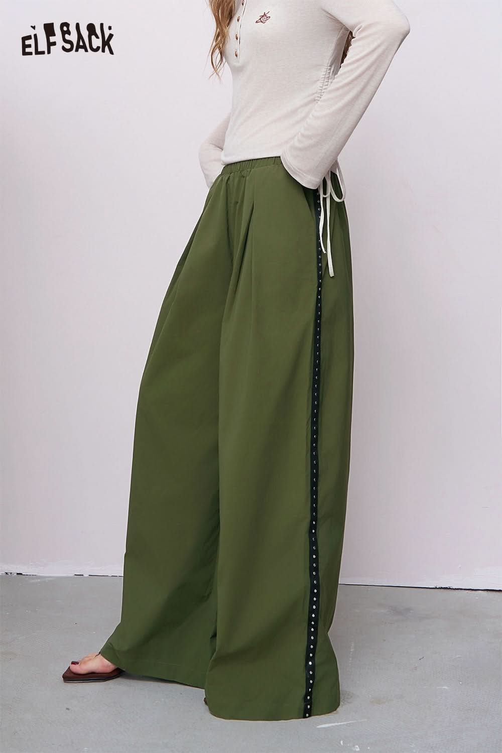 ELFSACK olive green breathable straight leg pants for women with side studded stripe and drawstring waist